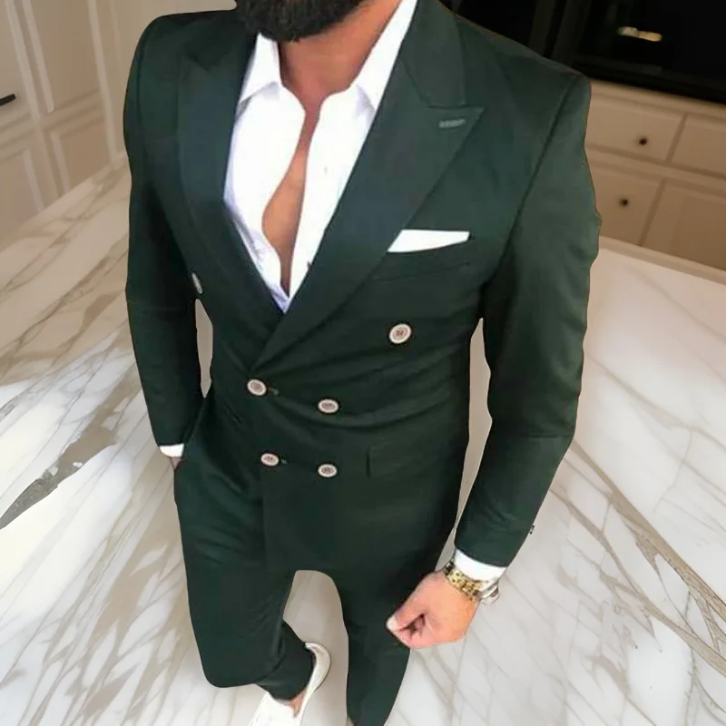 

Деловые костюмы для мужчин, двубортный пиковый жакет с лацканами и брюки, облегающий свадебный смокинг для жениха, мужская мода