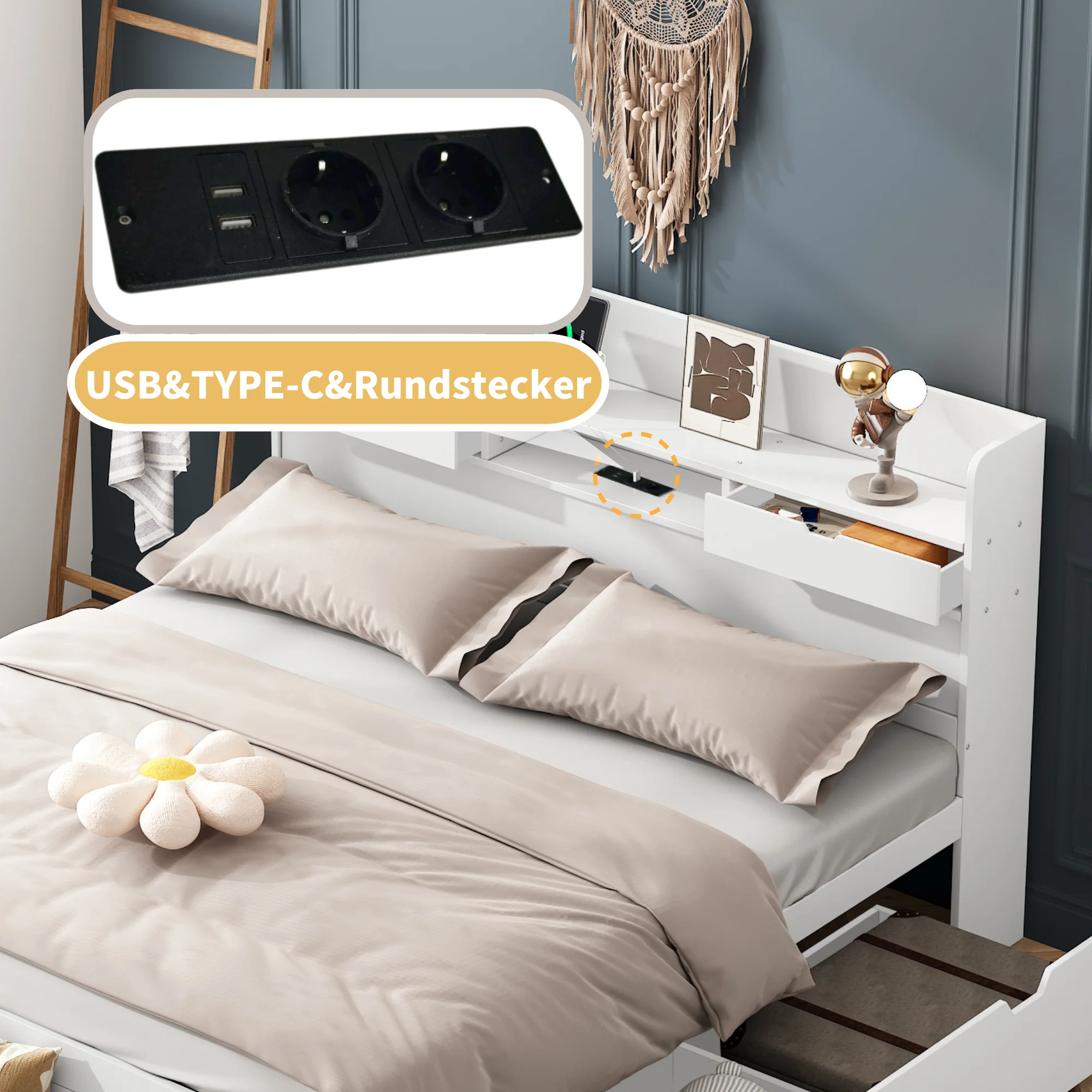KOMHTOM Weißes multifunktionales Doppelbett mit USB Anschluss Schubladen und Stauraumschrank großer Stauraum ohne Matratze – Detail 3