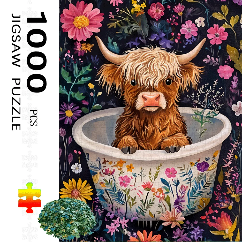 Cute Highland Calf in Floral Tub Jigsaw Puzzle Adult Whimsical Animal Theme Intellectual Game Home Leisure Decorative Puzzle Toy