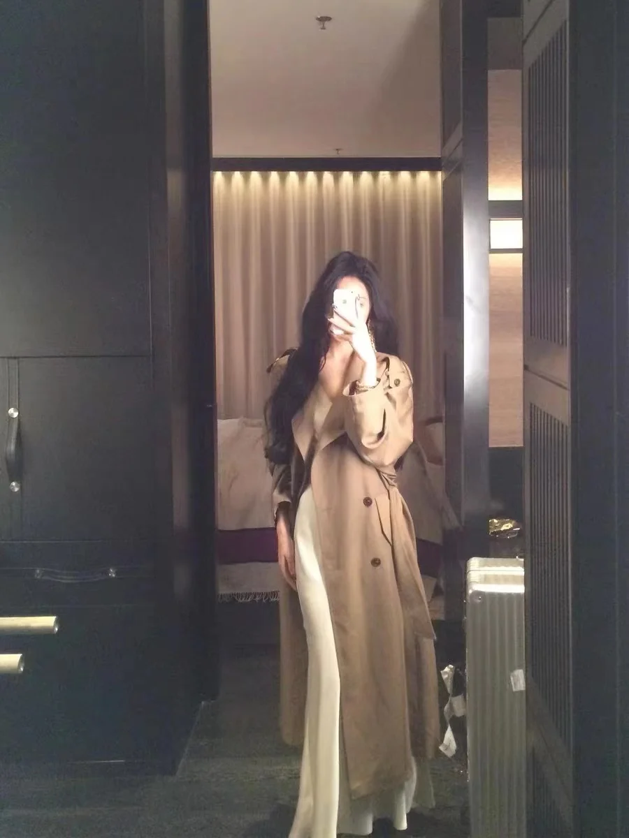 Autumn British Style Long Trench Women Lapel Double Breasted Coat with Belt Korean Fashion Windbreaker Outerwear Casual Jackets