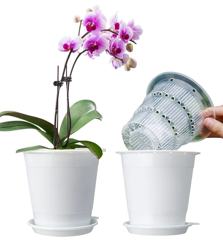 Meshpot 4 inch/10cm Clear Orchid Pots with Holes Match White Plastic Orchid Planter Double Layer Plant Nursery Pots for Succulen