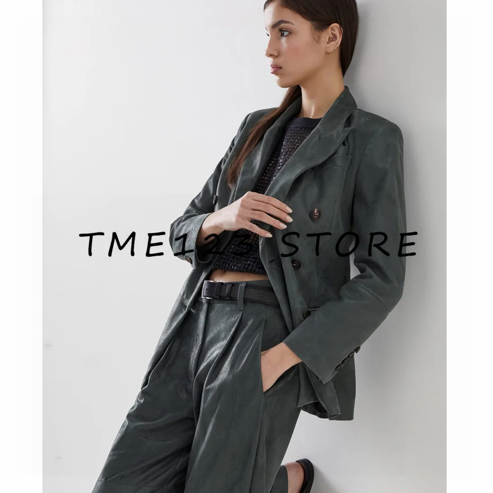 

Vintage Commute Office Women Suit Sude Solid Notched Double Breasted Pockets Blazer Straight Loose Pants Fashion 2023 Sets