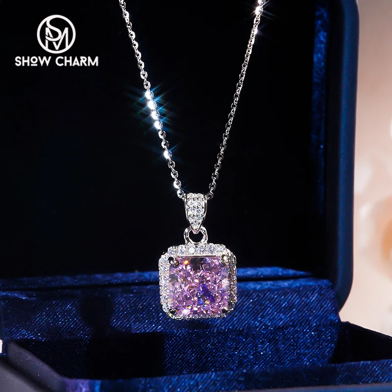 

5 Carat Square Pink High Carbon Diamond Pendants Necklace 925 Sterling Silver Platinum Plated O Chain For Women Fine Jewelry New