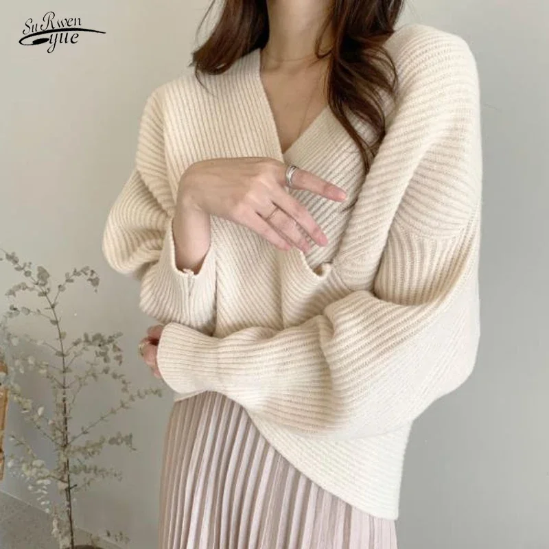 

Женский Теплый свитер с длинными рукавами, элегантный простой свободный свитер с V-образным вырезом, осень 2021