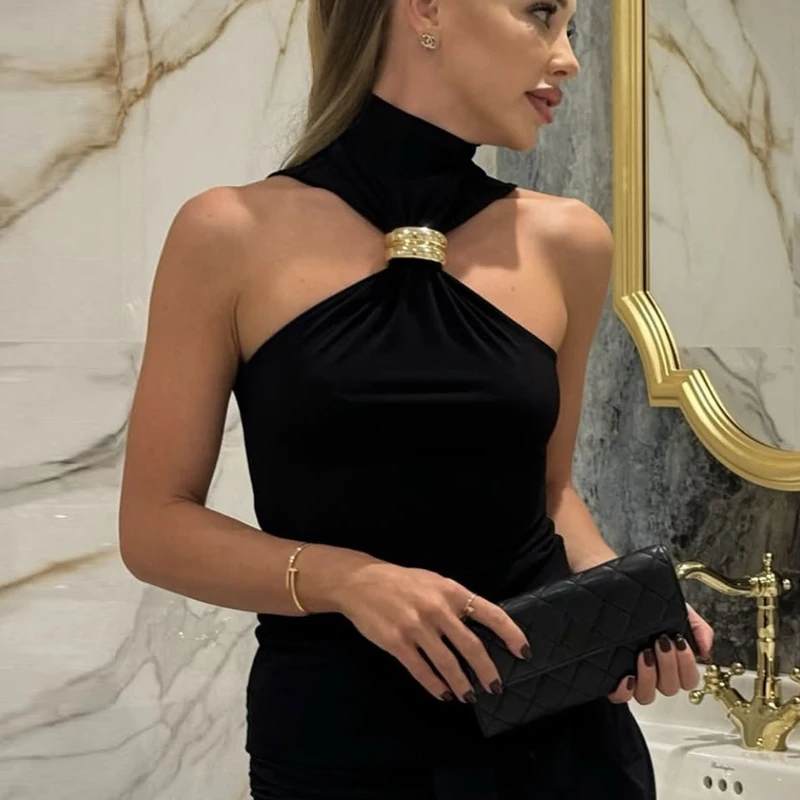 New Spring and Summer Turtleneck Sleeveless Gold Buckle Women's Vest Fashion Y2k Off-the-shoulder Slim-fit Women's Top