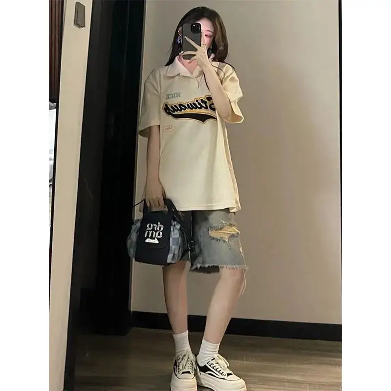 여성용 데님 반바지, 루즈 와이드 레그 미들 팬츠, 깨진 구멍 술 데님 스트레이트 브레스트 청바지, 여름 스트리트 신상