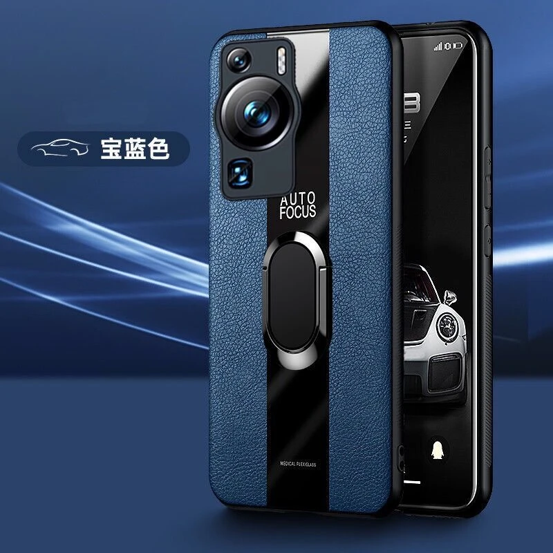 Luxurious Magnetic PU Leather Case with Ring Holder - Shockproof Bumper