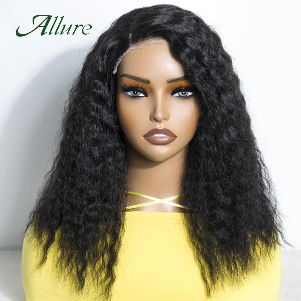 

Brazilian Deep Wave Human Hair Lace Wigs For Black Women 14 inch Natural Black Color Hair Wigs Preplucked With Babyhair Allure