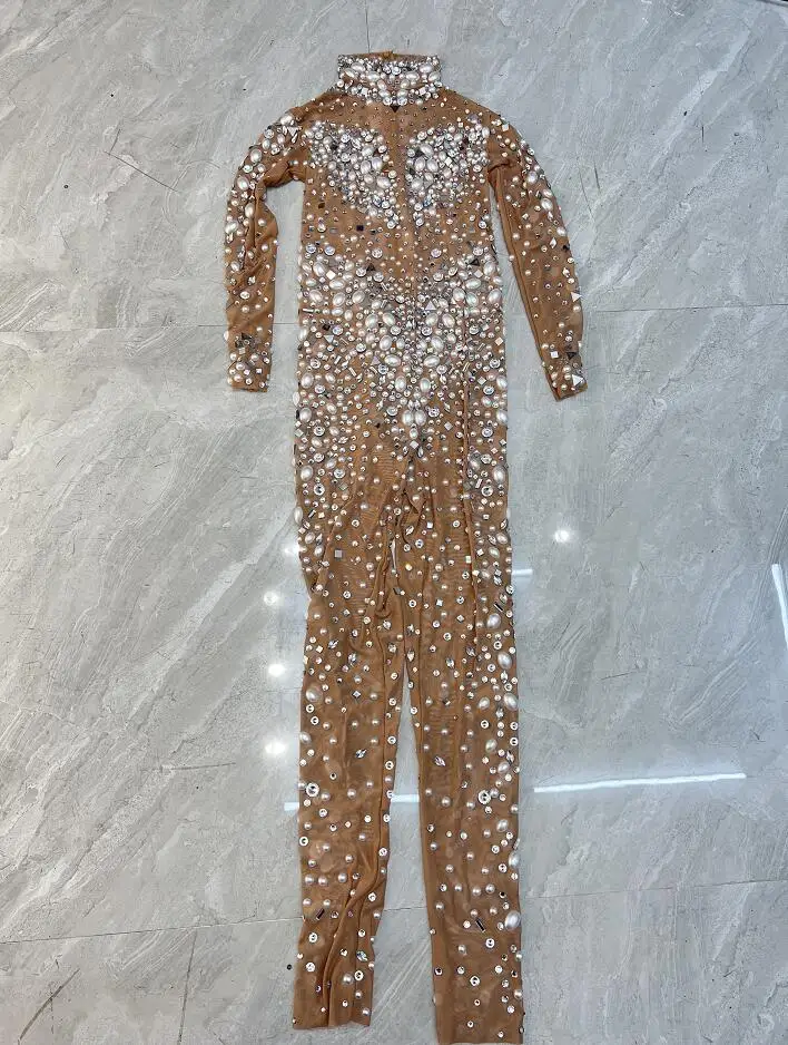 New Designed Big Pearls Rhinestones Stretch Transparent Jumpsuit Evening Birthday Celebrate Outfit Sexy Dancer Bodysuit women jumpsuit rhinestones dress women dance costume stage performance costume sexy evening dress