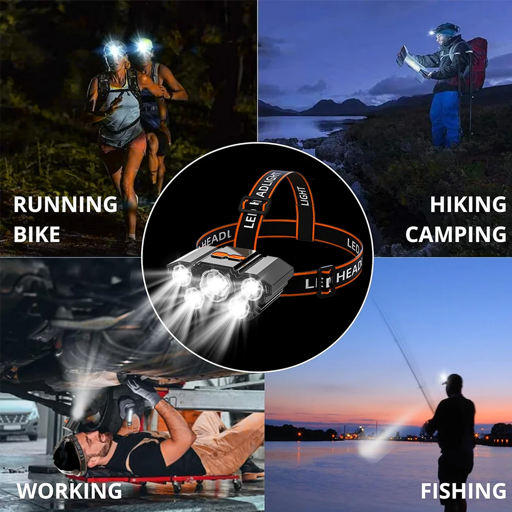 USB Rechargeable LED Headlamp, 5 Lamp Beads, 4 Modes, Built-in Rechargeable Lithium Battery, Lightweight Design Headlight, Elast 4