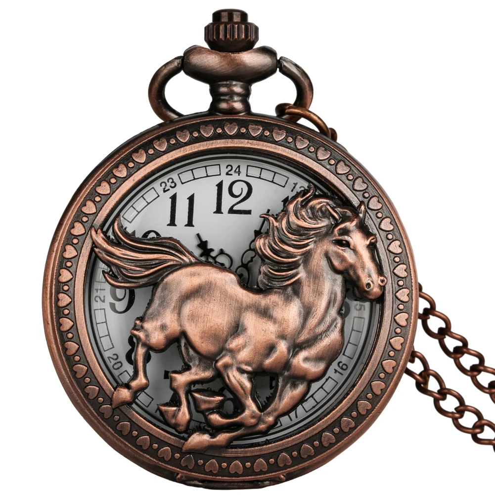 

Vintage Red Copper Horse Half Hunter Pocket Watch Men Women Arabic Numerals Quartz Analog Display Pendant Necklace Watch Gift