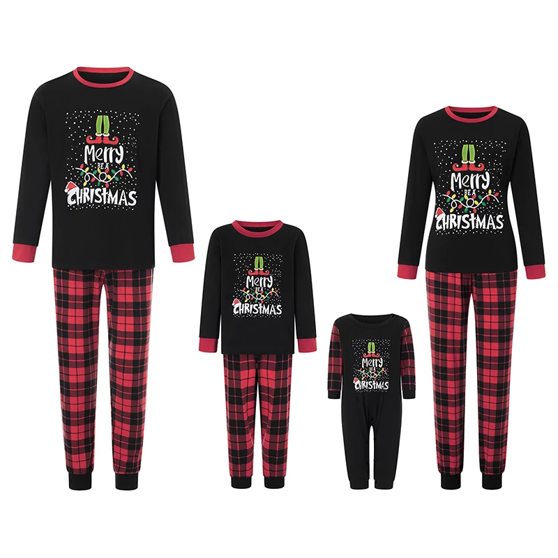 thumbnail image 1 of Conjunto de pijamas familiares a juego para Navidad 2025, camiseta de manga larga con estampado de letras y pantalones a cuadros, ropa de dormir para estar en casa, 1 of 3
