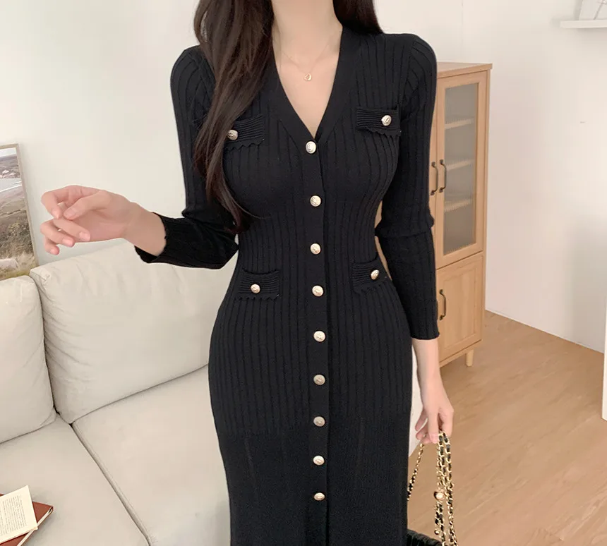 Korean Chic Knitted Dresses for Women V-neck Long Sleeve Slim Bodycon Ruffles Party Dress Casual Autumn Winter New Vestidos