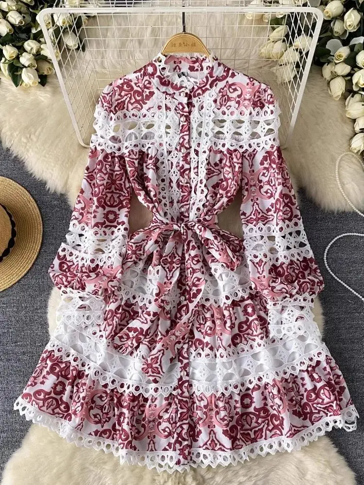 홀리데이 크로셰 레이스 스티칭 할로우 아웃 꽃 프린트 미니 드레스, 여성용 스탠드 롱 랜턴 슬리브, 레이스업 의류, 여름