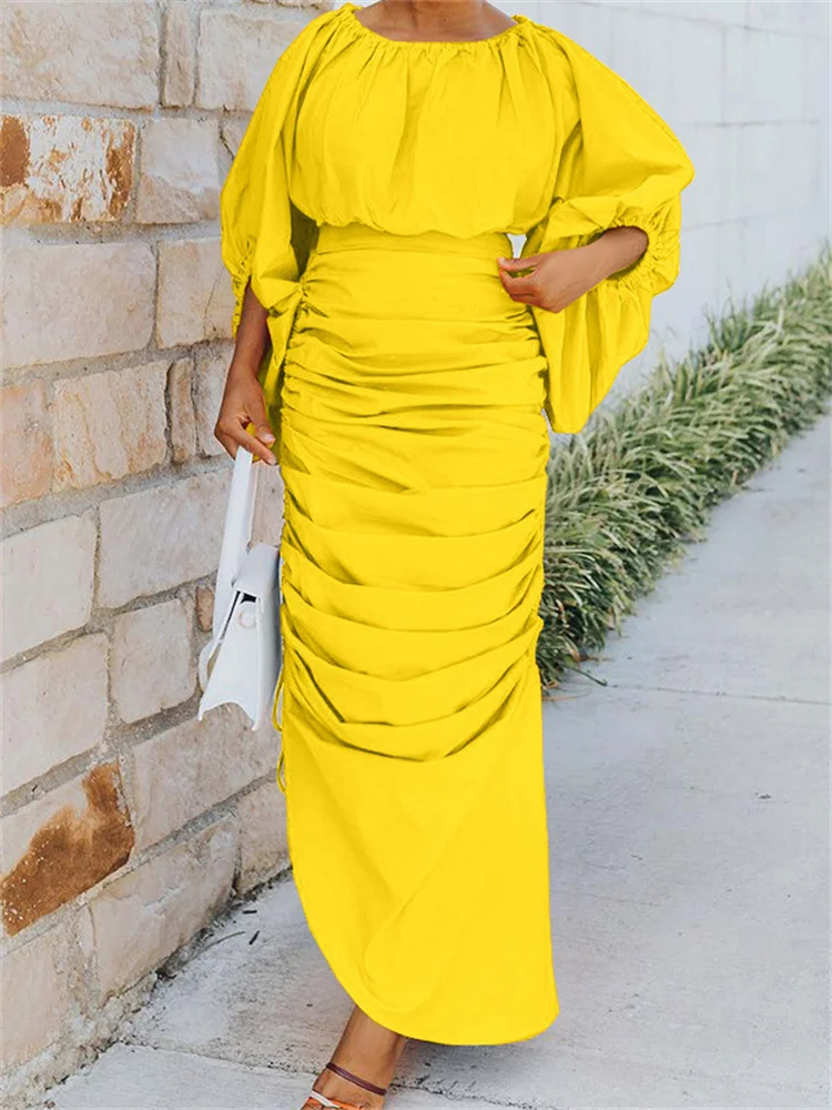 Wmstar Women Dress Autumn Elegant Solid Color Fashion O Neck Lantern Long Sleeve Irregular Ruffled Slim Party Lady Long Dresses