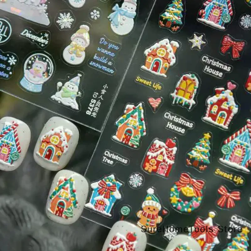 Christmas Relief Nail Art Stickers -Winter Fantasy Snowman House Decorative Stickers for Kids Manicure DIY & Holiday Nail Design