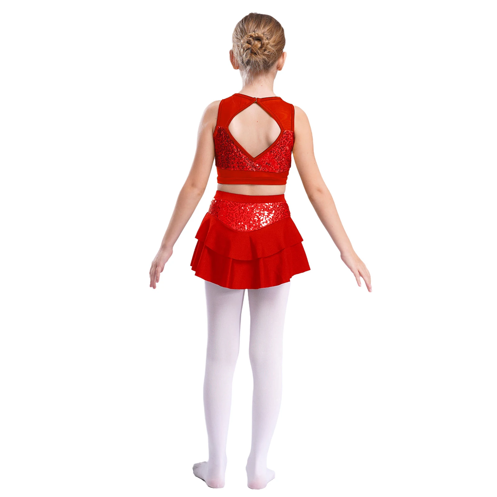 Kids Girls Cheerleading Uniform Cheerleader Ballet Jazz Dance Performance Costume Shiny Sequins Crop Top with Tiered Skirt for