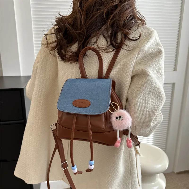 Retro Versatile Denim Patchwork Backpack 2024 Summer New Student Cute Plush Fashion Trend Solid Backpack Travel Bag for Girls