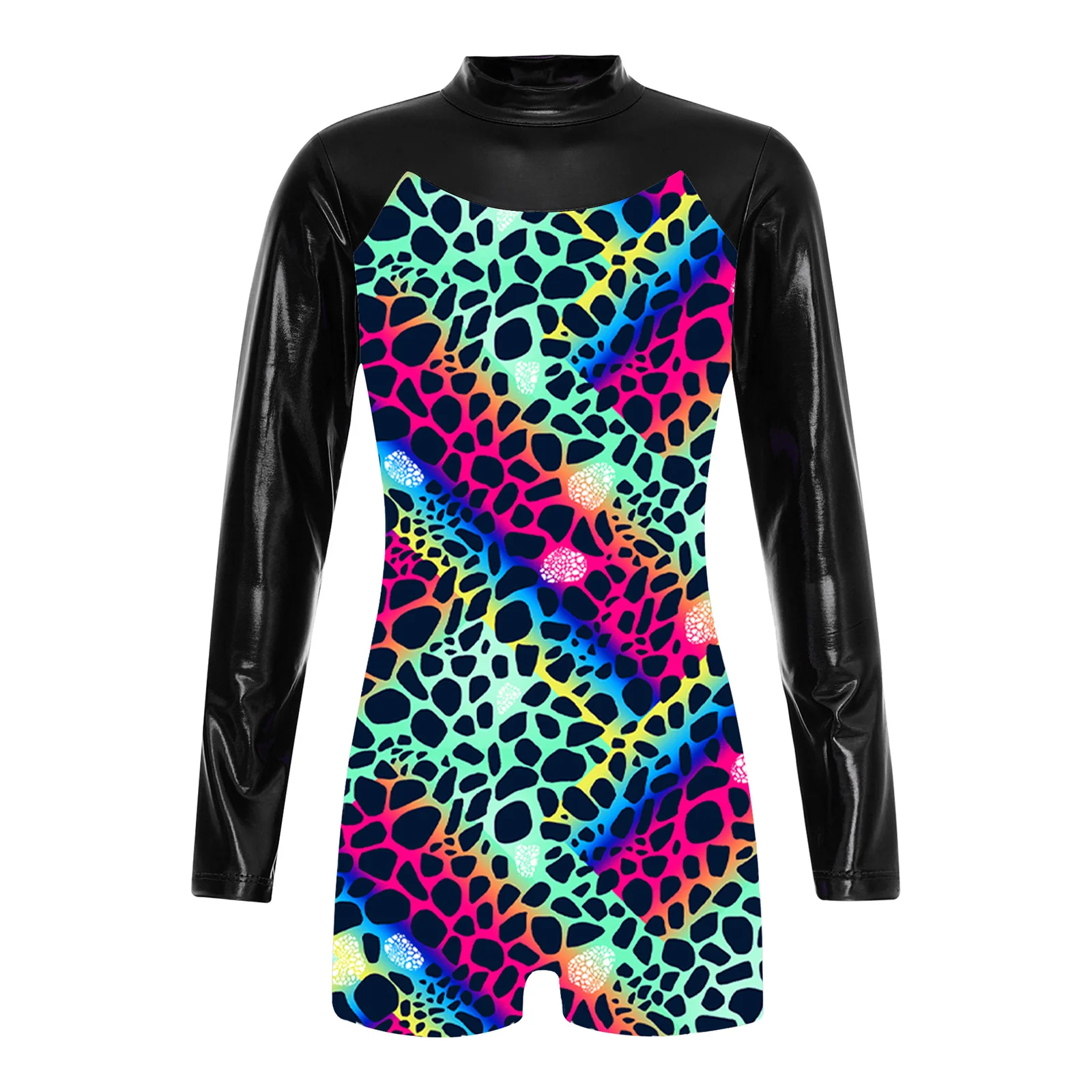 Girls One-piece Sport Bodysuit Long Sleeve Keyhole Back Metallic Pu Patchwork Boyleg Dance Leotard Gymnastic Athletic Jumpsuit