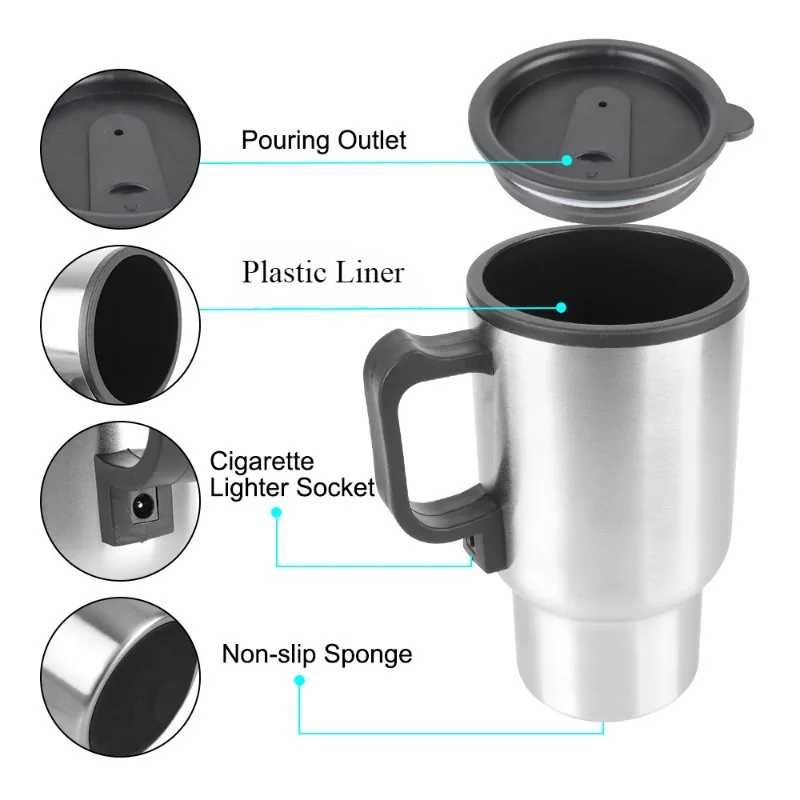 Electric In-car Travel Heating Cup 450ml by Cigarette Lighter Plug Stainless Steel 12V Heated Thermos Mug