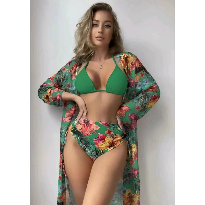 2024New Sexy Bikini Three-Piece Set Printed Mesh Blouse Swimsuit