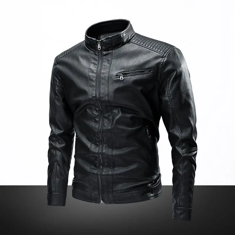 New Spring Leather Clothes Men's Standing Collar Imitation Water Leather Jacket Korean Version Slim Fit Solid Color Coat