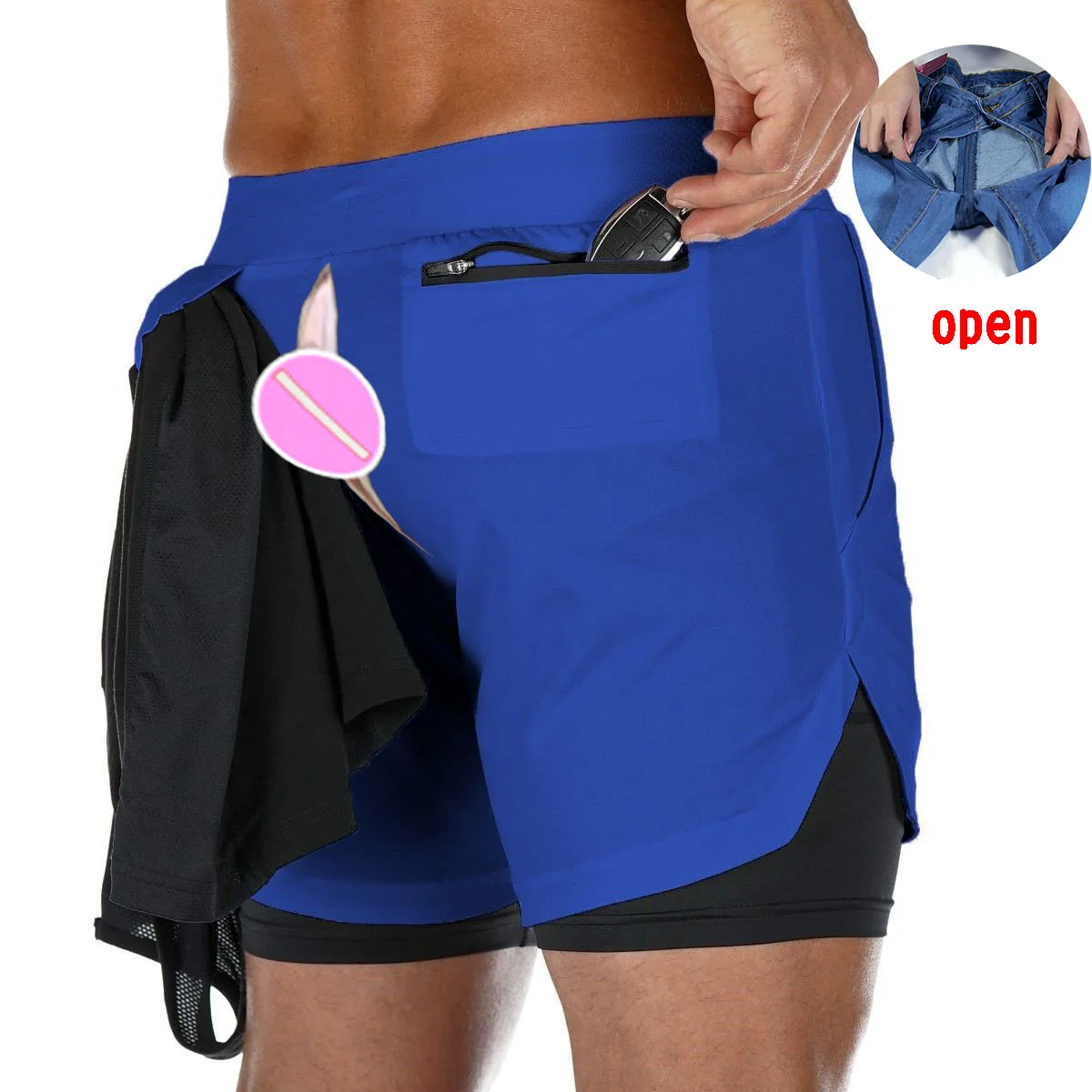 Summer Double-Layer Sports Casual Shorts Men's Invisible Open Crotch Running Breathable Stretch Quick-Drying Pants Outdoor Sex