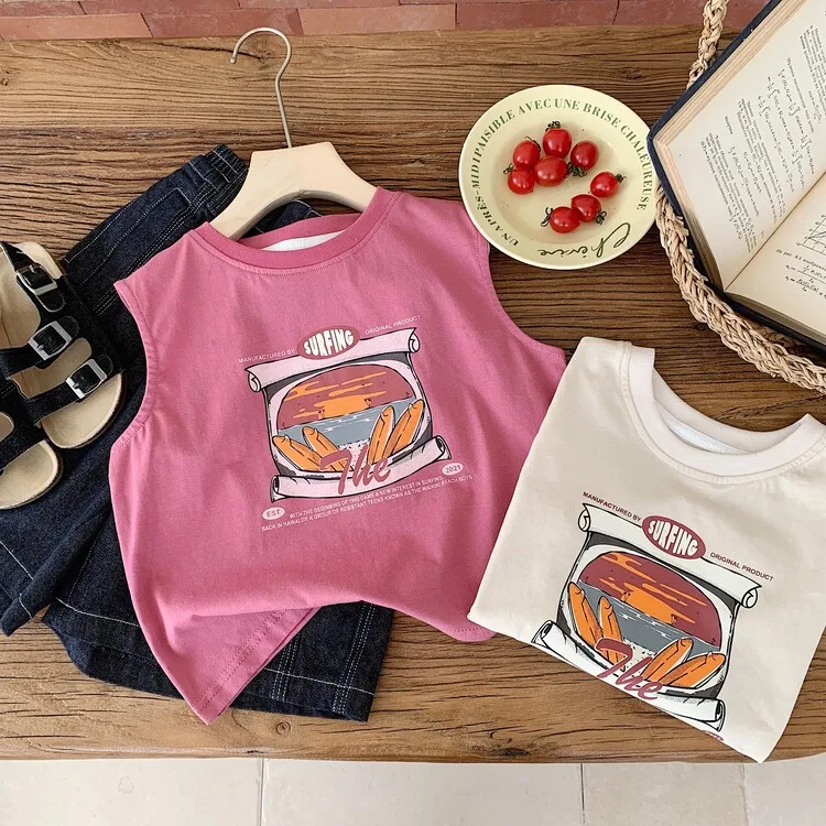 

Детская одежда, детский жилет, Новинка лета 2024, футболка без рукавов с мультяшным принтом для мальчиков и девочек, простая футболка в Корейском стиле, Топ