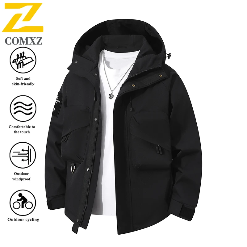 Men's Spring Autumn Workwear Korean Style Jacket Windproof Breathable Hooded Parka with Multi-Pockets for Outdoor Casual Wear