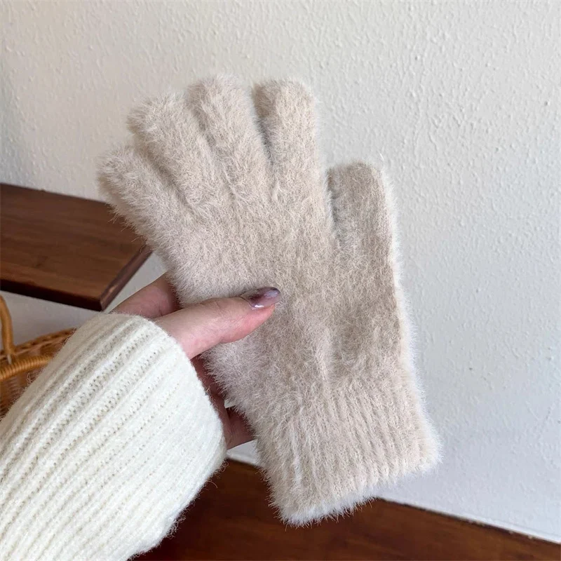 Korean Faux Fur Full Finger Gloves Women Winter Cashmere Wool Thick Warm Wrist Plush Gloves Solid Color Mittens