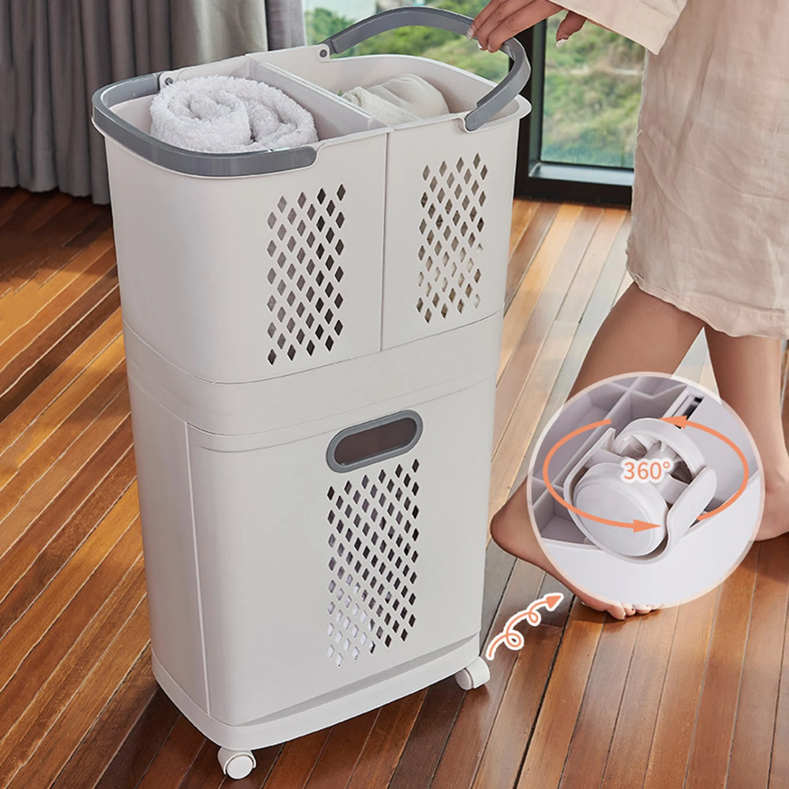 Laundry Basket Organizer with 3 Detachable Hampers, Wall-Mountable Storage Bins, Stylish Grey-White Design 2