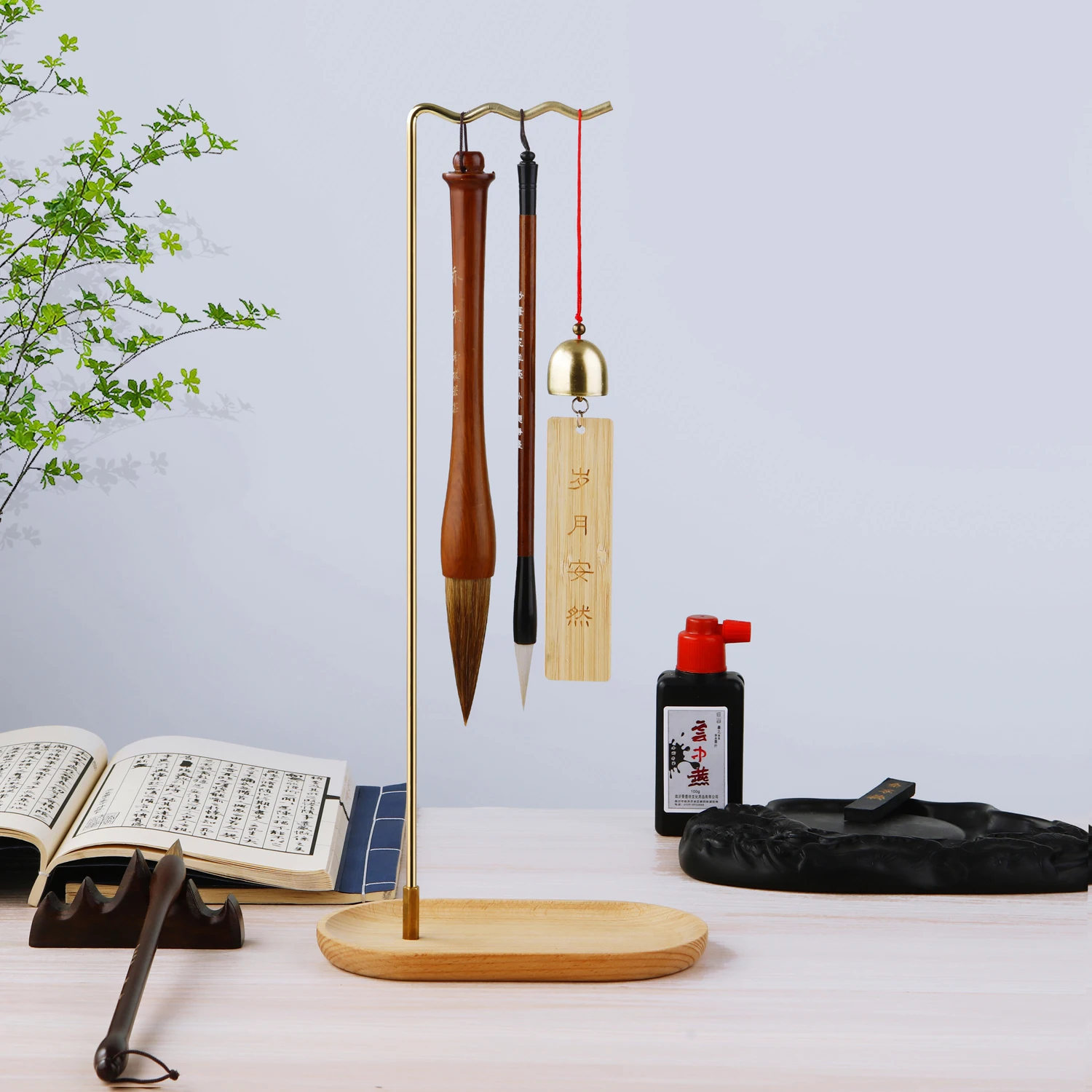Pencil case Metal Chinese Brush Pen Holder Beechwood Base Calligraphy Rest Ink Hanger 3 Hooks Writing Brush Holder School Stationery