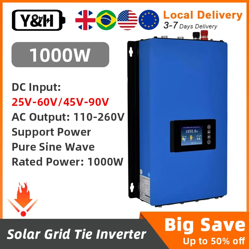 Y&H MPPT Solar Grid Tie อินเวอร์เตอร์ 1000W บนอินเวอร์เตอร์ Grid พร้อม Limiter Sensor สําหรับ 36V 48V 60V 72V แบตเตอรี่ (WiFi อุปกรณ์เสริม) 1