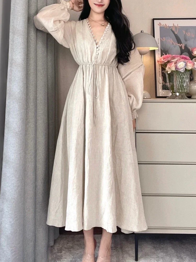 

Dresses V-neck Long Sleeved Lantern Sleeves with Drawstring At The Waist Hollowed Out White Dress Slim Solid Color Long Dress