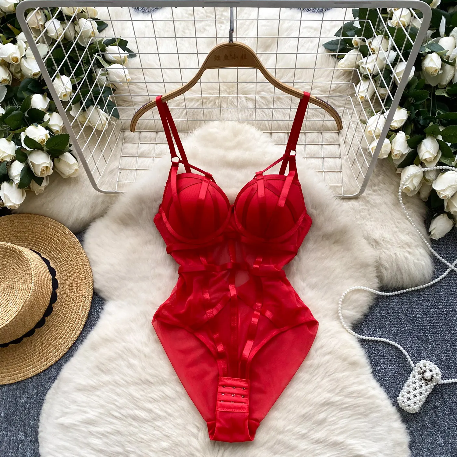 bandage mesh bodysuit full view