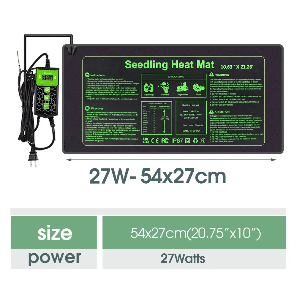 10x20.75" 27W Garden Seedling Heater Mats with Adjustable Temperature Controller for Plants Nursery Seed Start Grow Warmth Pads