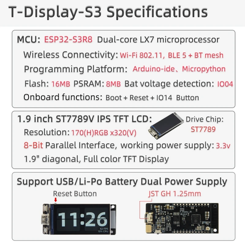 Lilygo T-Display-S3    WIFI Bluetooth-Compatible5.0  1.9 ġ LCD IPS ũ 