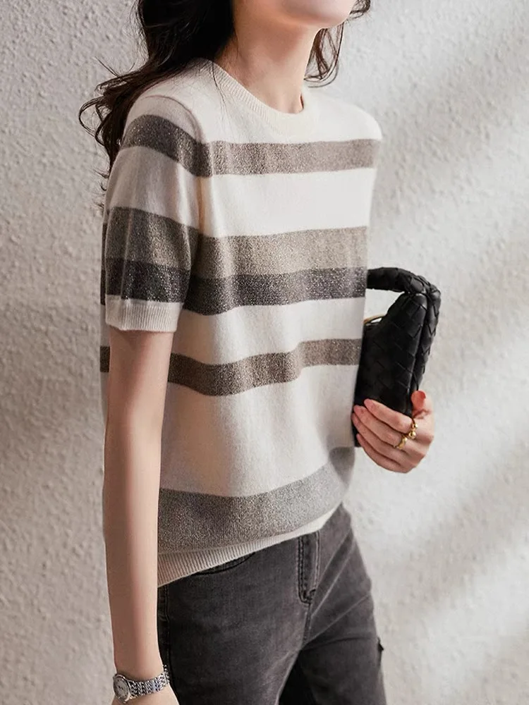 Women's Spring/summer 2022 Loose half Sleeve Striped ice knitted shirt with round collar and short sleeve