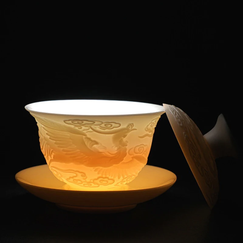 Ceramics Gaiwan 150ml relief dragon and phoenix pattern kung fu tea maker drinkware tea set bowls set