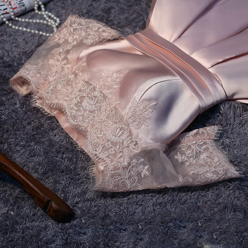 Satin Pearl Pink A-Line Cocktail Dresses Off The Shoulder Half Sleeves Lace Applique Short Women Formal Party Prom
