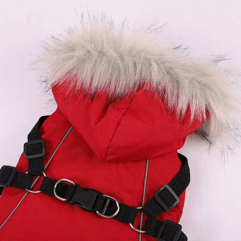 Autumn Winter Warm Pet Dog Jacket With Harness Hooded Dog Padded Coat with Imitation Fur Hat For Small Medium Dogs Puppy Coat