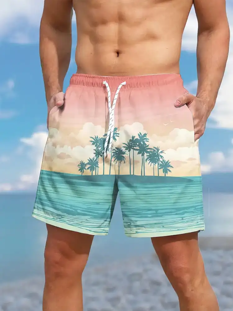 2024 Summer 3D Prints Hawaiian Vacation Style Printing Shorts Men's Casual Board Shorts Swim Trunks Drawstring Breathable Short 3