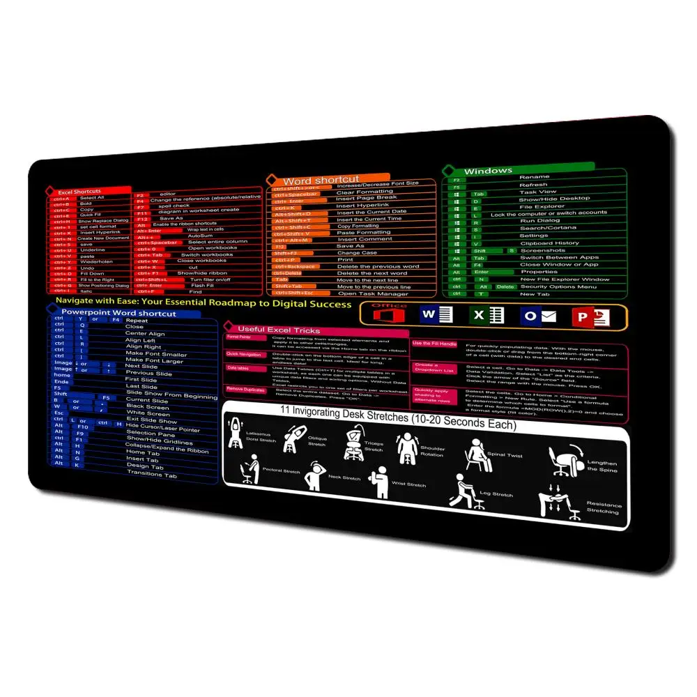 Büro-Software-Shortcut-Tasten, großes Mauspad, Schreibtischunterlage, rutschfest, langlebig, genähter Rand, Excel-Shortcut-Tischmatten, Büro-Mauspad