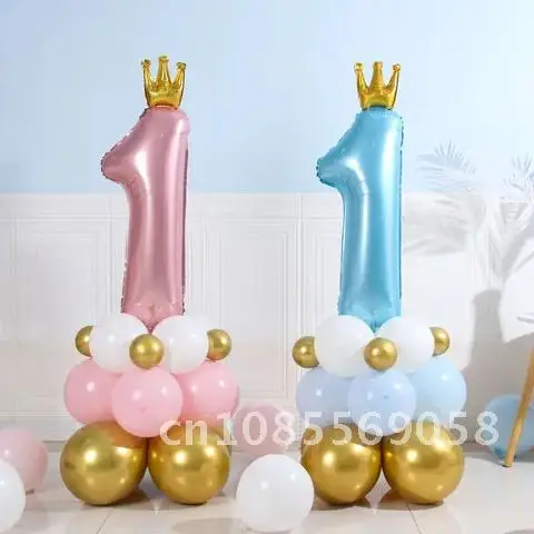 

1st Birthday Party Decoration Balloon Happy Digital Kids Baby Shower Pastel Pink Blue Crown Column One Year Ballons