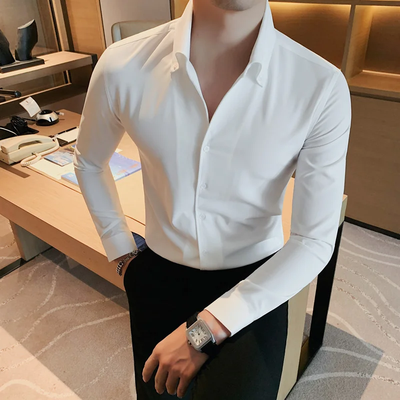 

Men Dress Shirt Fashion Long Sleeve Business Social Male Solid Color Button Down Collar Work White Black 4XL