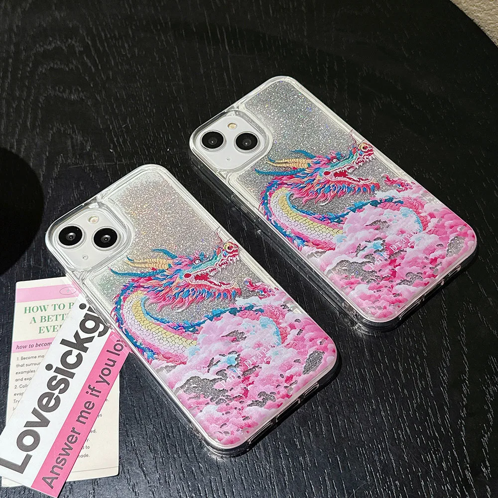 Custodia Per Telefono Glitter Quicksand Per Iphone Per Iphone 15 13 14Promax Xsmax 11 Promax Cute Cartoon Dragon Cover Per Iphone 15 Pro