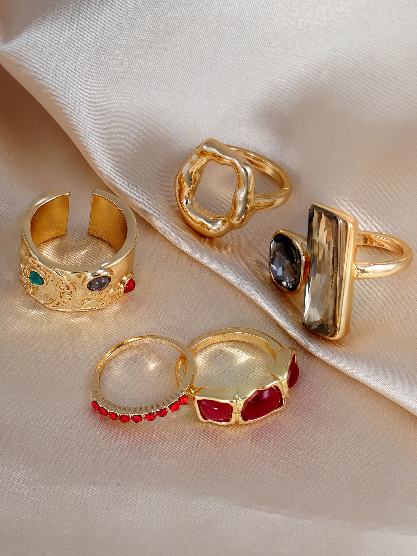 5PCS Two-Tone Gemstone Ring Set for Women Crystal Accent Geometric Textured Design Bold Statement Trendy Retro Festival Jewelry - 4