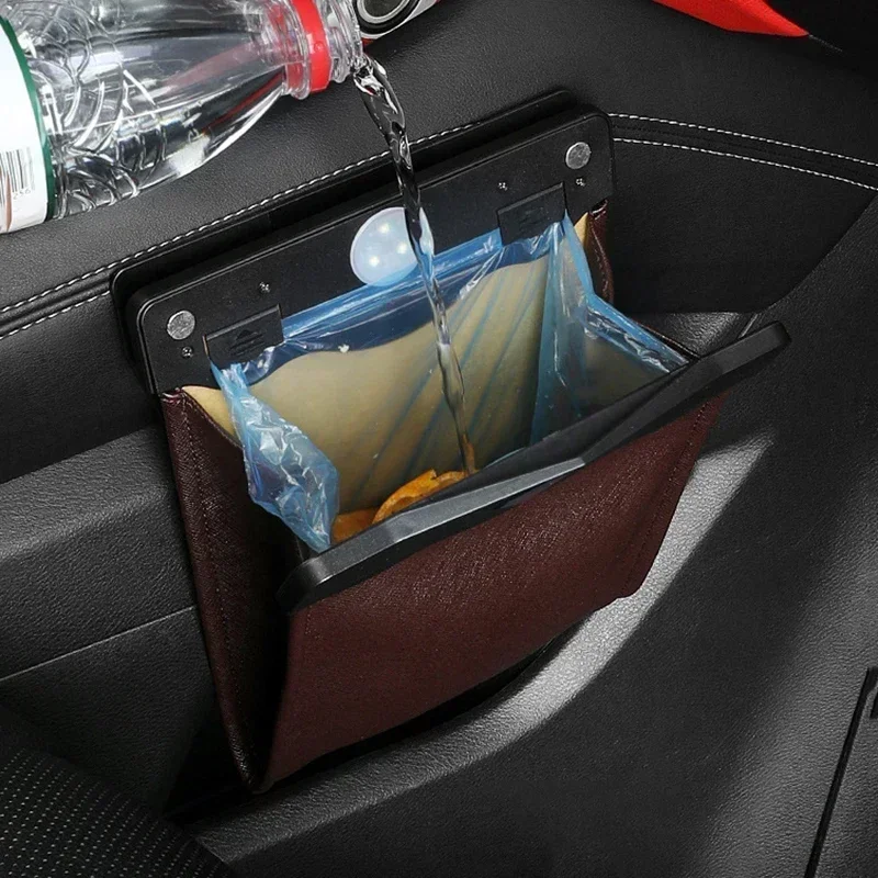 Car Trash Bin LED Leather Waterproof Garbage Bag Back Seat Hanging Leather Storage Pocket Car Organize Interior Accessories,car trash can
