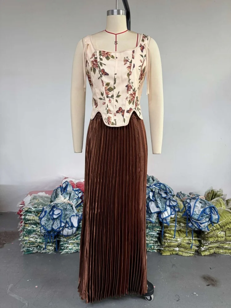 Wmstar Dress Sets Women Wholesale  Summer 2025 New Sweet Floral Print Vest High Waist Pleated Skirt Two Piece Set Dropshopping