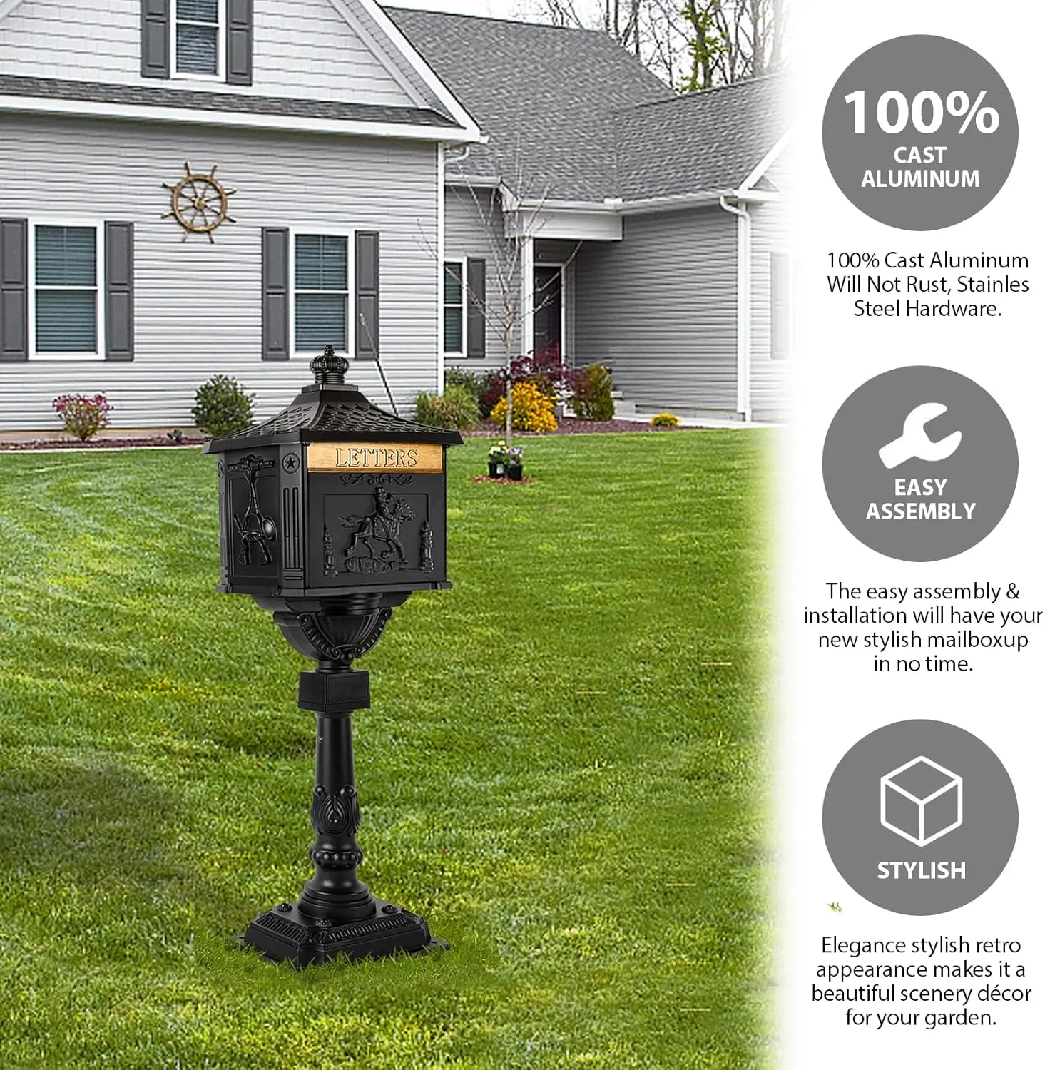 Polar Aurora Outdoor Mailbox Cast Aluminum Black Mail Box Postal Box Security Heavy Duty New